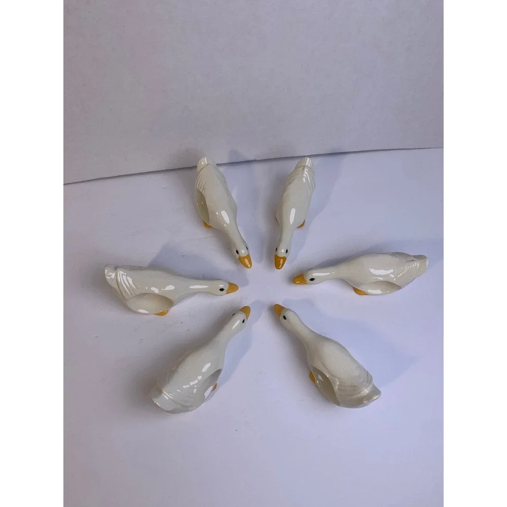 Vintage 80s Ceramic Goose Napkin Rings Set/6 White Farmhouse Country Cottagecore